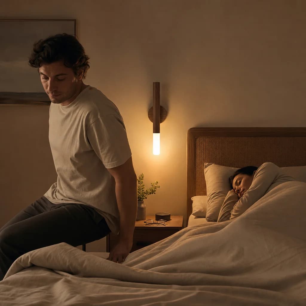 Luce notturna calda accanto al letto mentre una persona si alza