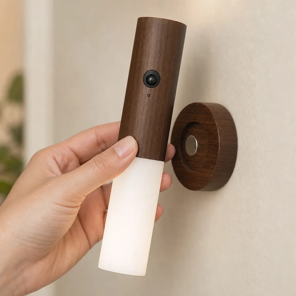 Mano che rimuove la lampada magnetica ricaricabile tramite USB dal supporto