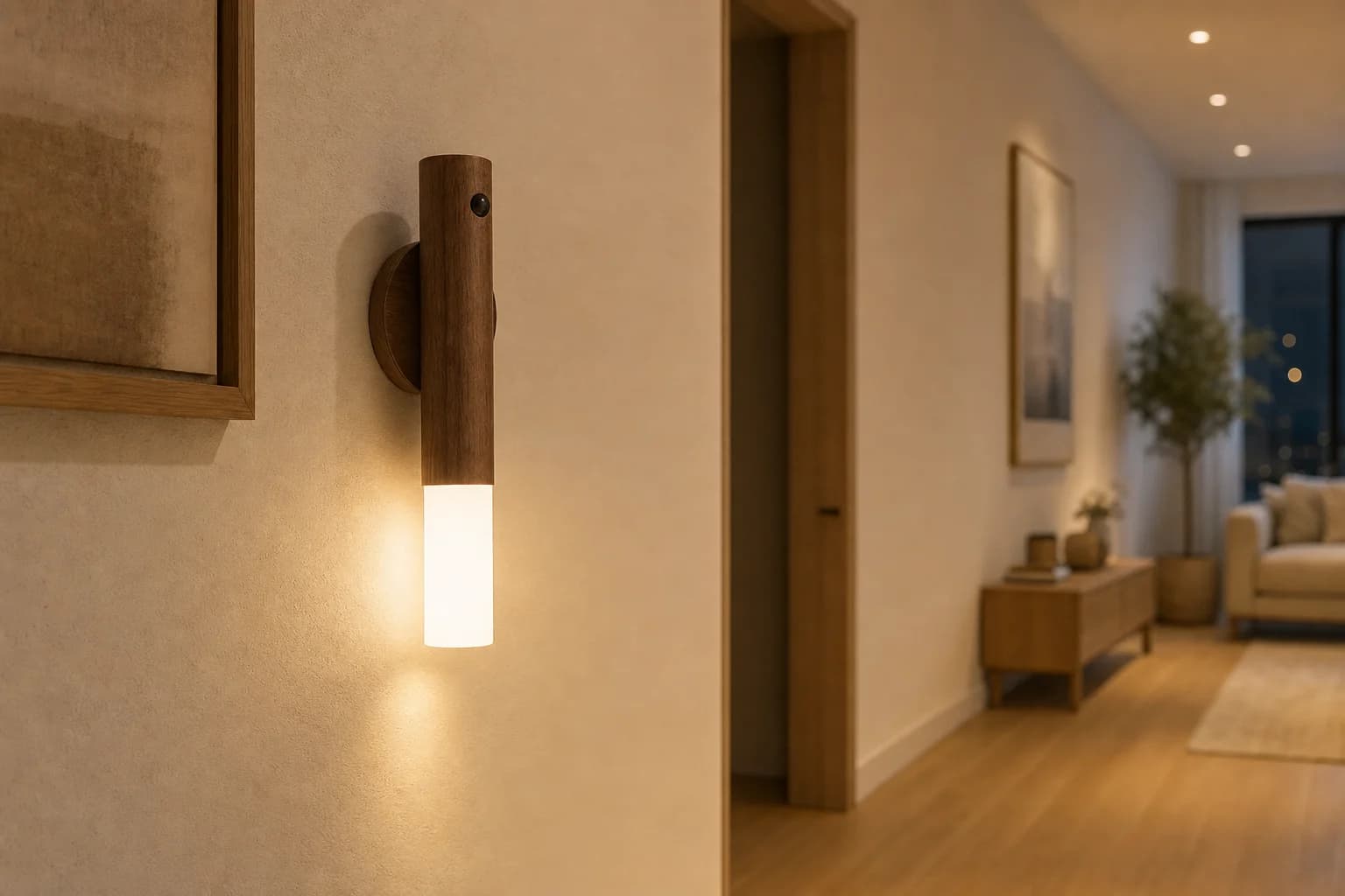 Lampada con sensore di movimento installata in corridoio moderno e caldo